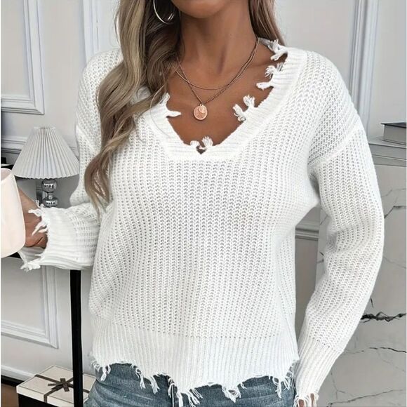 Chic White Distressed V-Neck Sweater - Picture 6 of 6